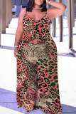 Casual Leopard Print Backless Spaghetti Strap Plus Size Jumpsuits