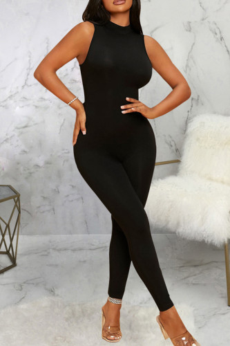 Casual Solid Color Patchwork O Neck Skinny Jumpsuits