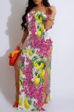 Casual Print Slit Off Shoulder Long Dresses
