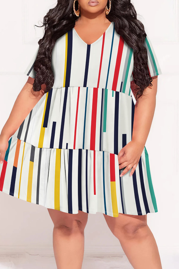 Casual Print Patchwork V Neck Straight Plus Size Dresses