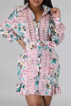 Elegant Print Lace Buckle Patchwork With Belt Turndown Collar Wrapped Skirt Dresses