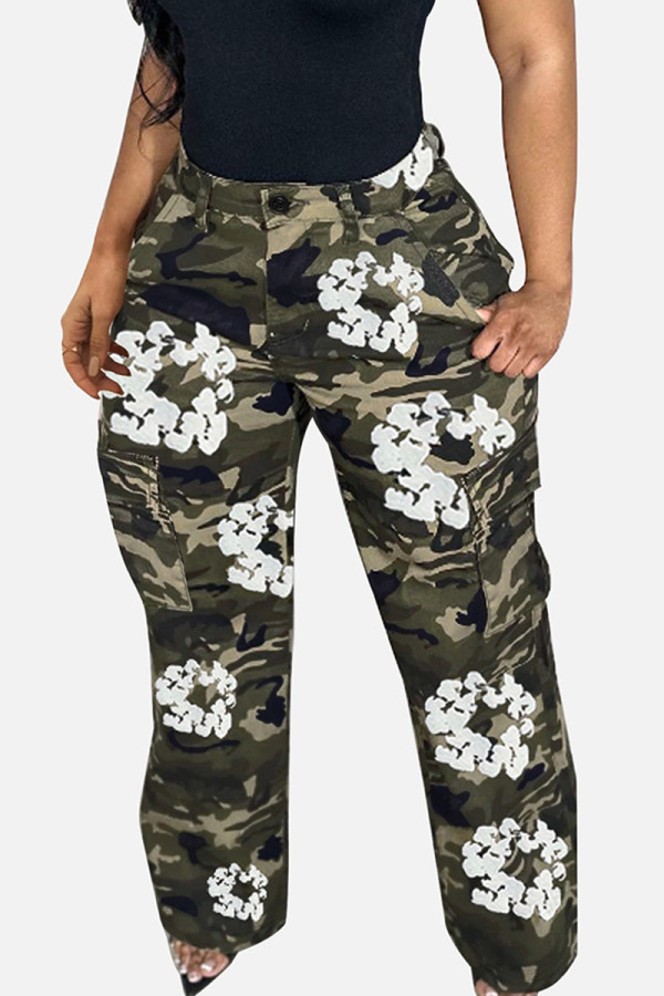 Casual Print Pocket Buttons Patchwork Zipper Regular Mid Waist Conventional Full Print Bottoms