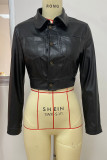Casual Solid Color Pocket Buckle Patchwork Zipper Turndown Collar Outerwear