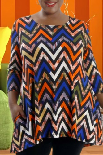 Casual Print Basic O Neck Plus Size Tops