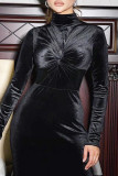 Elegant Solid Color Patchwork Ruched Half A Turtleneck Long Dresses