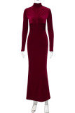 Elegant Solid Color Patchwork Ruched Half A Turtleneck Long Dresses