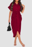 Elegant Solid Color Buckle Patchwork Ruched Strap Design Turndown Collar Dresses