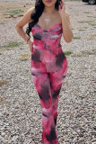 Sexy Print Patchwork Backless Spaghetti Strap Bodycon Jumpsuits
