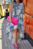Casual Street Faux Denim Print Irregular Contrast O Neck Irregular Plus Size Dresses