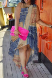 Casual Street Faux Denim Print Irregular Contrast O Neck Irregular Plus Size Dresses
