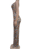 Elegant Leopard Print Patchwork Backless Slit Deep V Neck Long Dresses