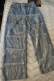 Casual Fringed Trim Sequins Buttons Patchwork Zipper Mid Waist Loose Denim Jeans