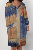 Casual Street Graffiti Print Faux Denim Print Newspaper printing Pocket Contrast V Neck Printed Plus Size Dresses