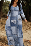 Casual Street Faux Denim Print Pocket Contrast V Neck Printed Dresses