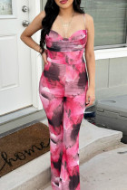 Sexy Print Patchwork Backless Spaghetti Strap Bodycon Jumpsuits