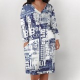 Casual Street Graffiti Print Faux Denim Print Newspaper printing Pocket Contrast V Neck Printed Plus Size Dresses
