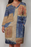 Casual Street Graffiti Print Faux Denim Print Newspaper printing Pocket Contrast V Neck Printed Plus Size Dresses