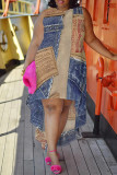Casual Street Faux Denim Print Irregular Contrast O Neck Irregular Plus Size Dresses