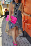 Casual Street Faux Denim Print Irregular Contrast O Neck Irregular Plus Size Dresses