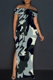 Casual Print Slit Off Shoulder Long Dresses