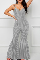 Casual Stripe Patchwork Zipper Spaghetti Strap Bodycon Jumpsuits