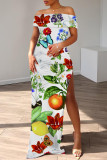 Casual Floral Print Patchwork Slit Off Shoulder Long Dresses