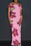 Casual Floral Print Patchwork Slit Off Shoulder Long Dresses