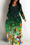 Casual Print Basic V Neck Long Dresses