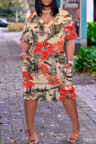 Casual Print Basic V Neck Short Sleeve Plus Size Dresses