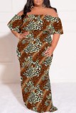 Casual Print Patchwork Off Shoulder Long Plus Size Dresses