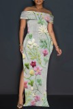 Casual Floral Print Patchwork Slit Off Shoulder Long Dresses
