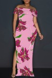 Casual Floral Print Patchwork Slit Off Shoulder Long Dresses