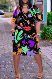 Casual Print Basic V Neck Short Sleeve Plus Size Dresses