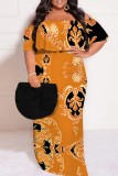 Casual Print Patchwork Off Shoulder Long Plus Size Dresses