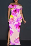 Casual Floral Print Patchwork Slit Off Shoulder Long Dresses