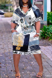 Casual Print Basic V Neck Short Sleeve Plus Size Dresses