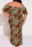 Casual Print Patchwork Off Shoulder Long Plus Size Dresses
