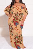 Casual Print Patchwork Off Shoulder Long Plus Size Dresses