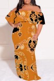 Casual Print Patchwork Off Shoulder Long Plus Size Dresses