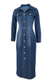 Casual Solid Color Buckle Turndown Collar Long Sleeve Regular Denim Dresses