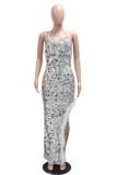 Sexy Patchwork Sequins Feathers Backless Slit Halter Long Dresses
