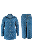 Casual Plaid Buckle Patchwork Zipper Turndown Collar Plus Size Two Pieces