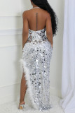 Sexy Patchwork Sequins Feathers Backless Slit Halter Long Dresses