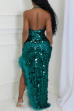 Sexy Patchwork Sequins Feathers Backless Slit Halter Long Dresses