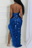 Sexy Patchwork Sequins Feathers Backless Slit Halter Long Dresses