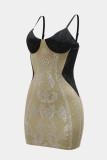 Sexy Hot Drilling Patchwork Backless Contrast Spaghetti Strap Wrapped Skirt Dresses