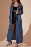Casual Solid Color Buckle Turndown Collar Long Sleeve Regular Denim Dresses