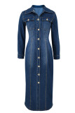 Casual Solid Color Buckle Turndown Collar Long Sleeve Regular Denim Dresses
