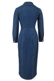 Casual Solid Color Buckle Turndown Collar Long Sleeve Regular Denim Dresses