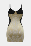 Sexy Hot Drilling Patchwork Backless Contrast Spaghetti Strap Wrapped Skirt Dresses